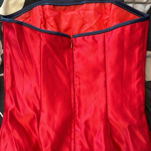 Jessica McClintock Red A-line Dress with Boning and Blue Trim - Picture 3 of 4